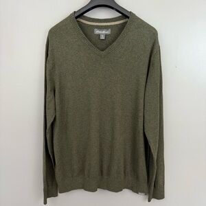 Eddie Bauer XL V-Neck Sweater Green Cotton Merino Wool Blend Knit